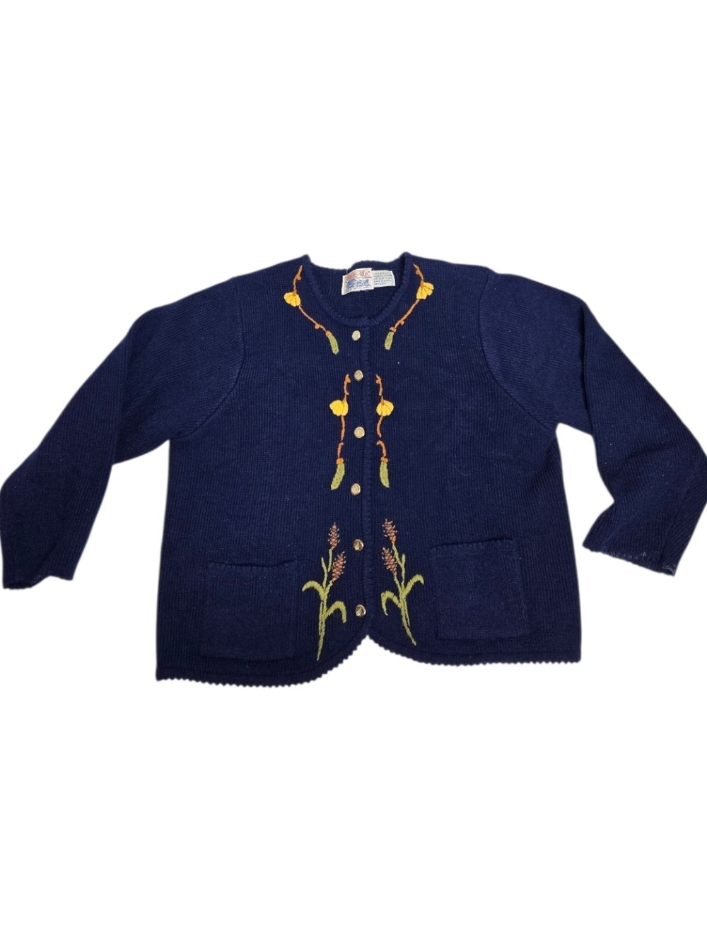 VINTAGE 60s navy blue whimsy embroidered farmcore cardigan sweater M